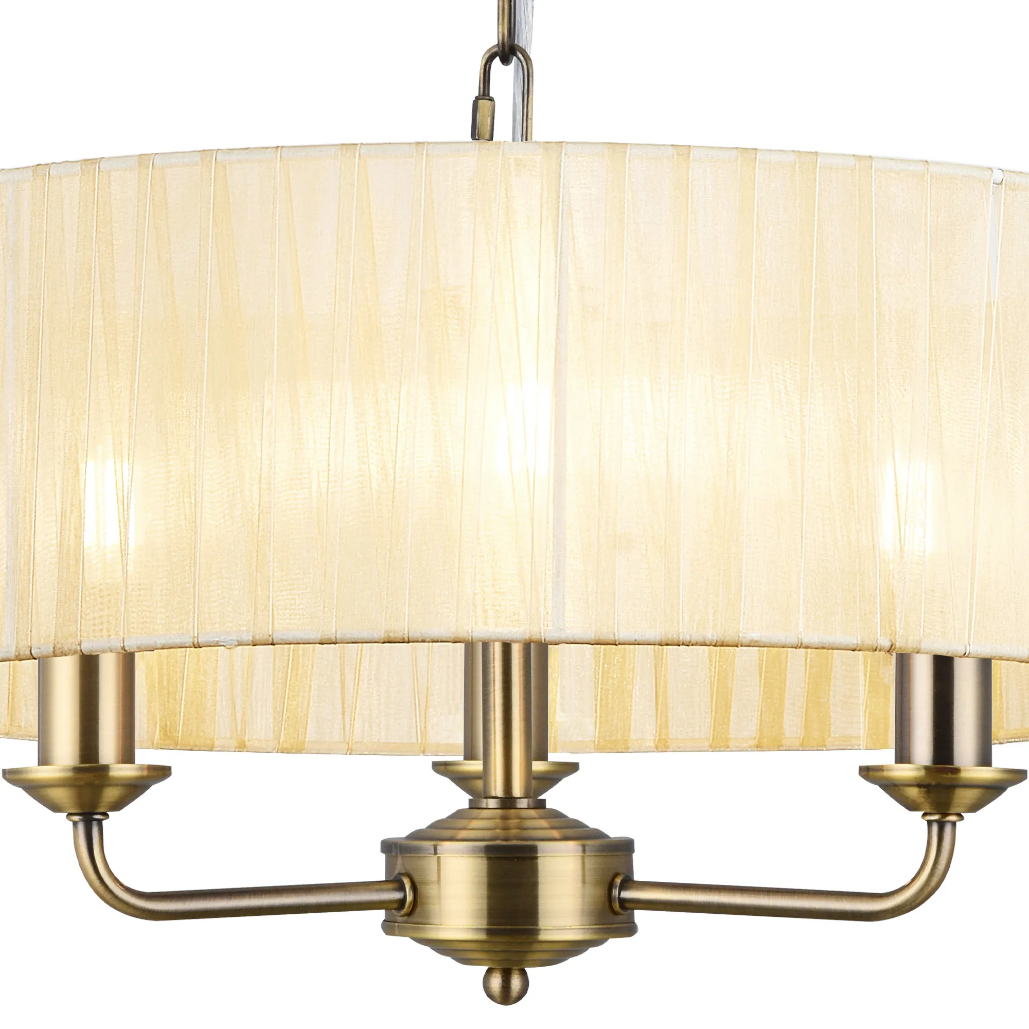 Banyan 3 Light Multi Arm Pendant With 45cm x 15cm Organza Shade Antique Brass/Cream DK0865  Deco Banyan AB CR